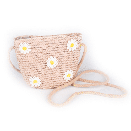 Busy Lizzie Straw bag ljusrosa med långt axelband och blomdetaljer