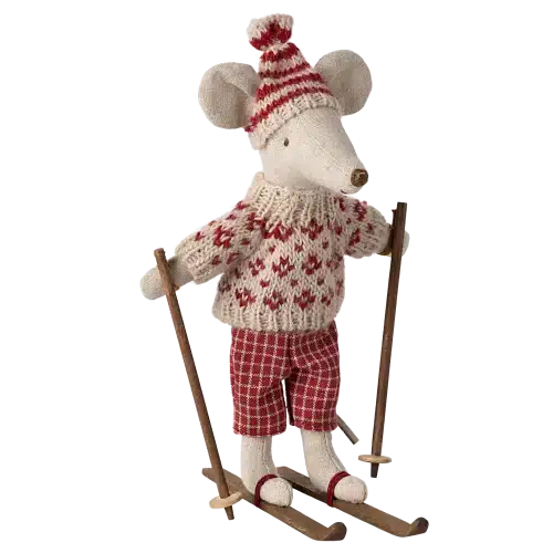 Maileg - Vintermus med Skidor och stavar - Mamma - Röd