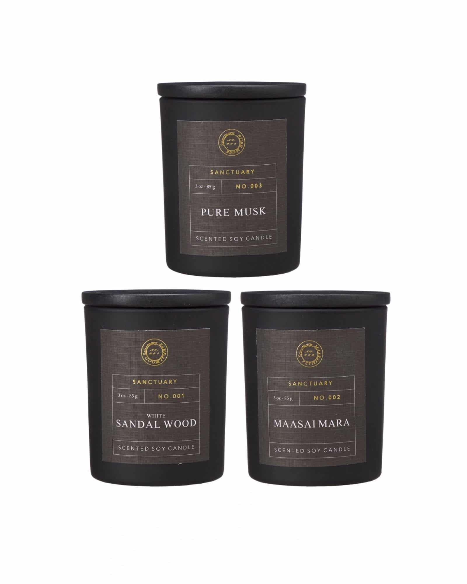 YASU Doftljus 3‑pack White Sandalwood, Maasai Mara, Pure Musk