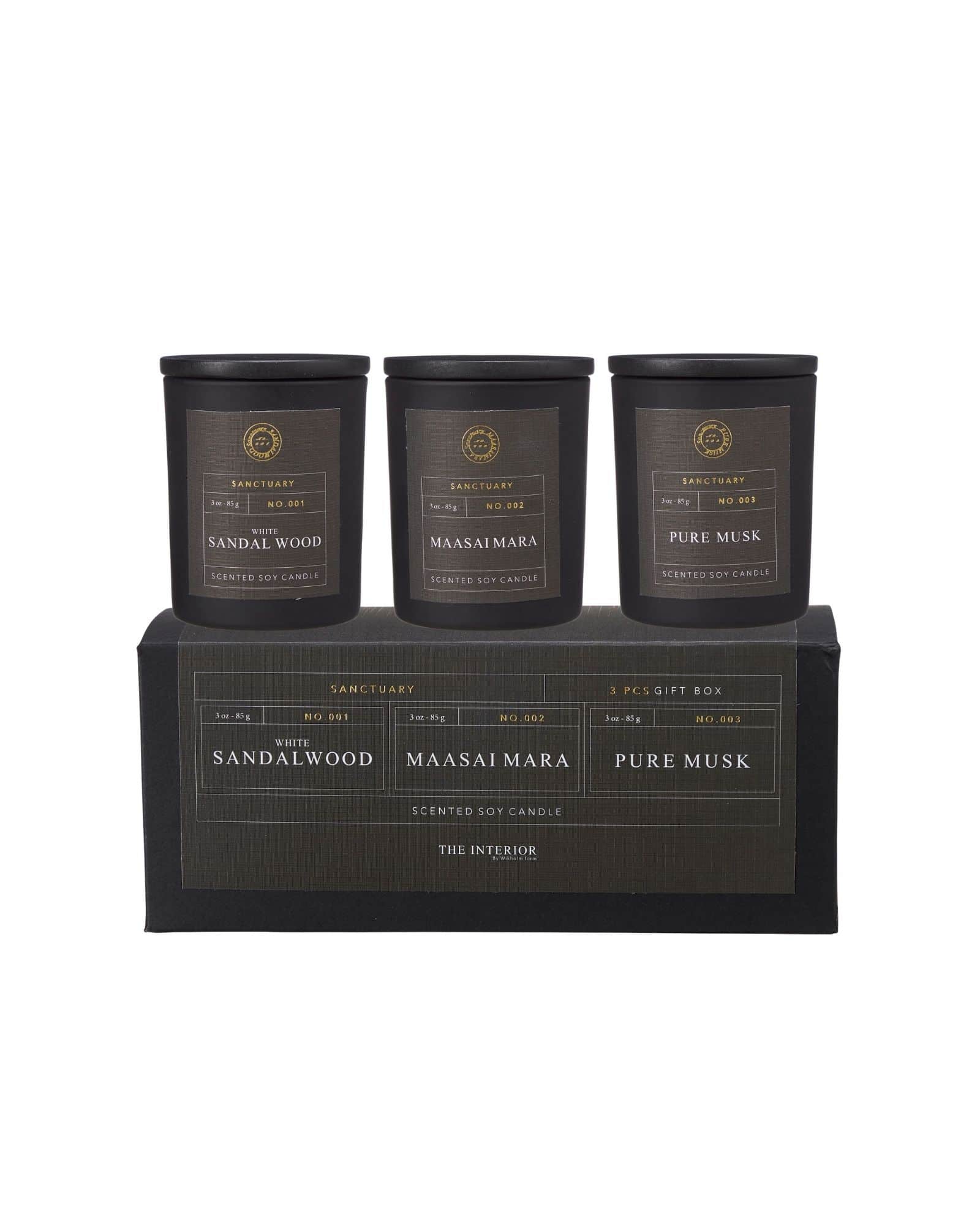 YASU Doftljus 3‑pack White Sandalwood, Maasai Mara, Pure Musk