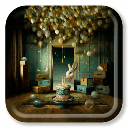 Handgjord bricka med konstverket "It’s My Party" av Maggie Taylor, tillverkad på Öland i FSC-certifierat björkfanér, finns i storlekarna 20x20, 32x32 och 38x38 cm.