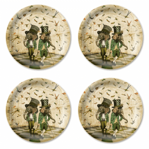ChatGPT sade: Glasunderlägg Maggie Taylor The Bird Watchers, handgjorda i FSC-certifierat skandinaviskt björkträ på Öland, 4-pack, diameter 11 cm, med färgstarkt surrealistiskt motiv.