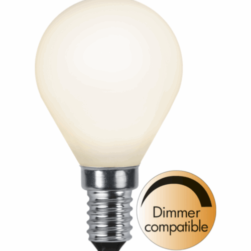 "LED-lampa E14 P45 med opalt glas och filamentdesign, varmvit 2700K, hög färgåtergivning RA90, dimbar och energieffektiv belysning