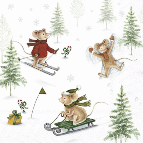 Pappersservett med vintermotiv – barn som leker i snön, snögubbar och vinterlandskap. Storlek 33x33 cm, perfekt för lunchdukning