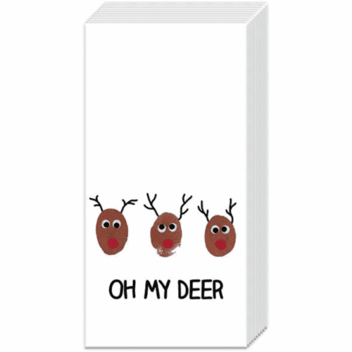 Pappersservett med motiv av en hjort och texten "Oh My Deer", i storlek 21x21 cm – stilren och naturinspirerad design, perfekt för dukning vid fest och högtider.