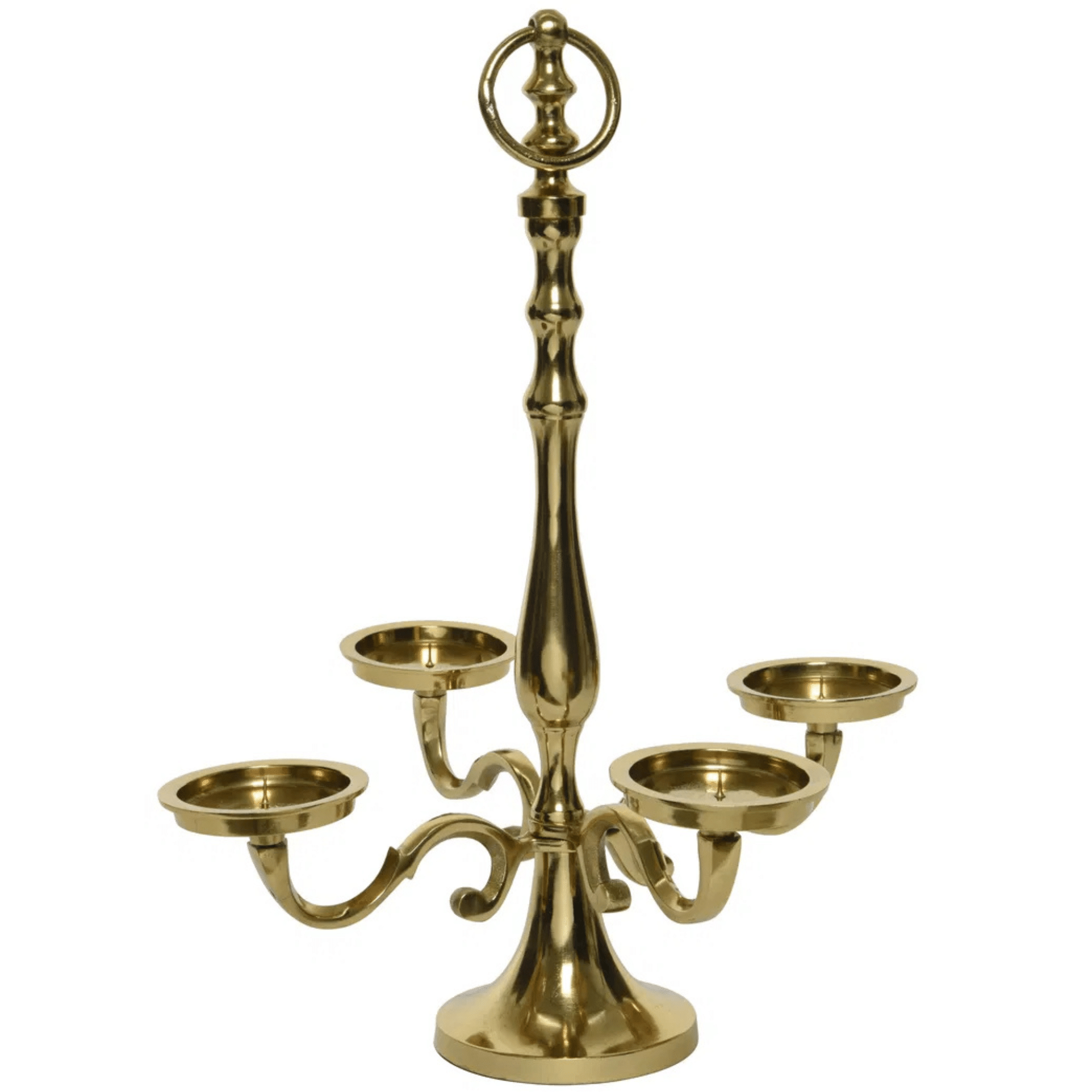 Elegant ljusstake i guld med plats för fyra ljus, 41 cm hög, rund bas, stilren design – perfekt för advent eller som bordsdekoration.