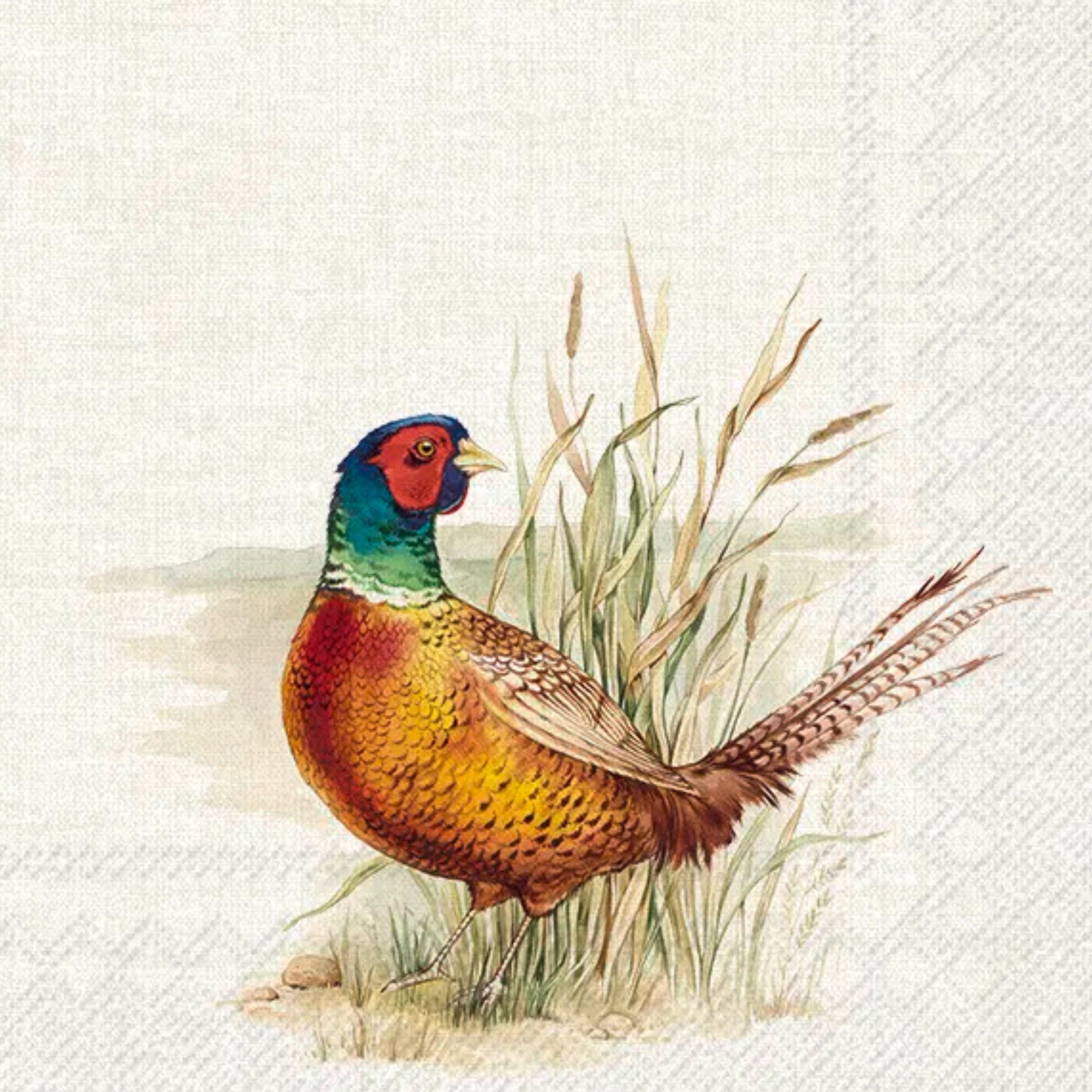 Pappersservett med motiv av fasaner i naturfärger på krämfärgad bakgrund, storlek 33x33 cm – perfekt för lunchdukning med lantlig eller höstinspirerad stil.