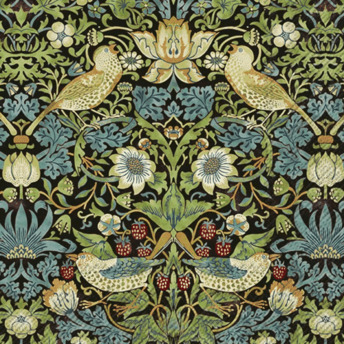 Svart pappersservett med klassiskt Strawberry Thief-mönster av fåglar och jordgubbar i jordnära färger, 33x33 cm.