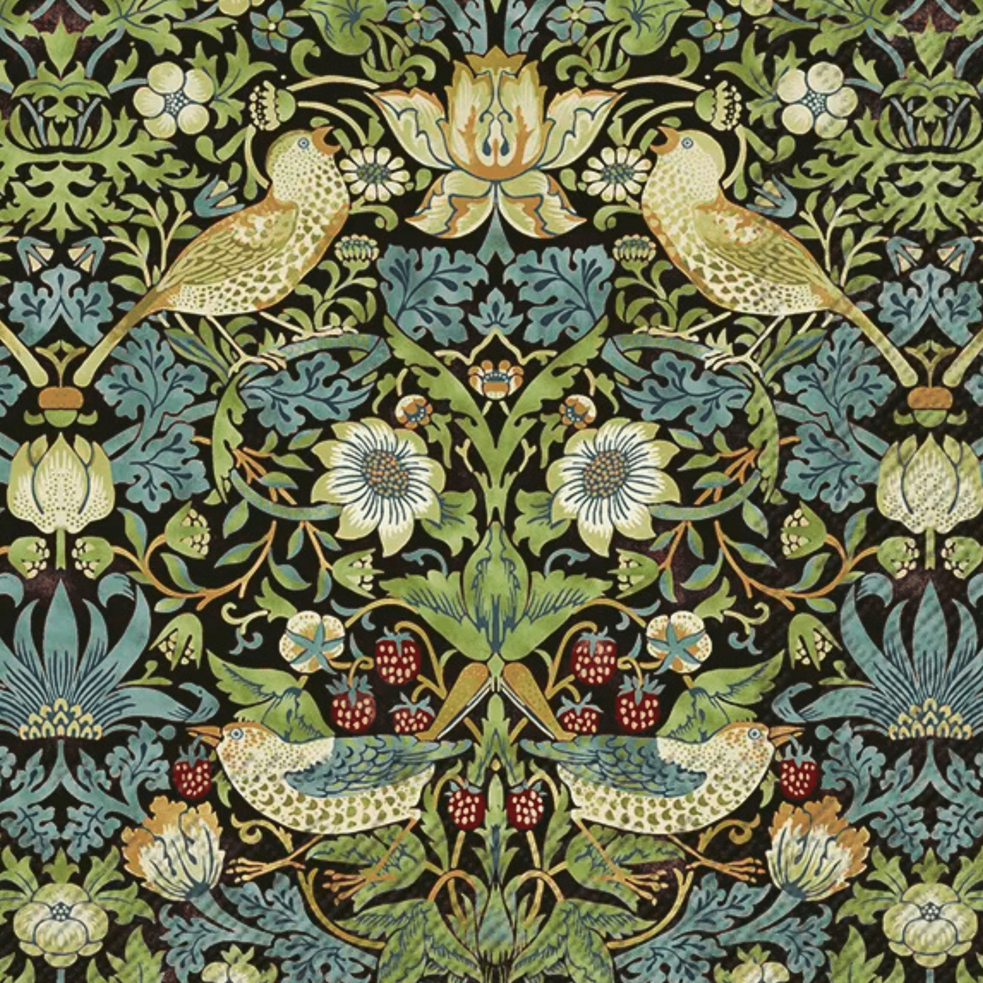 Svart pappersservett med klassiskt Strawberry Thief-mönster av fåglar och jordgubbar i jordnära färger, 33x33 cm.