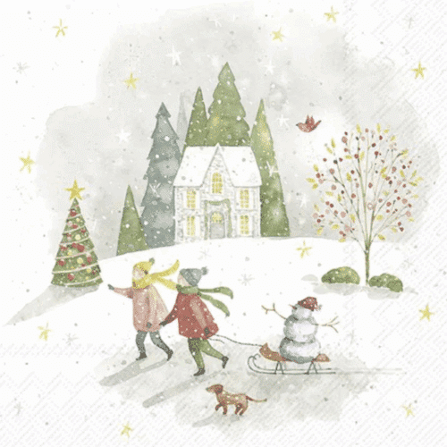 Pappersservett med lekfullt julmotiv i rött, grönt och vitt på 33x33 cm – perfekt för festliga juldukningar.