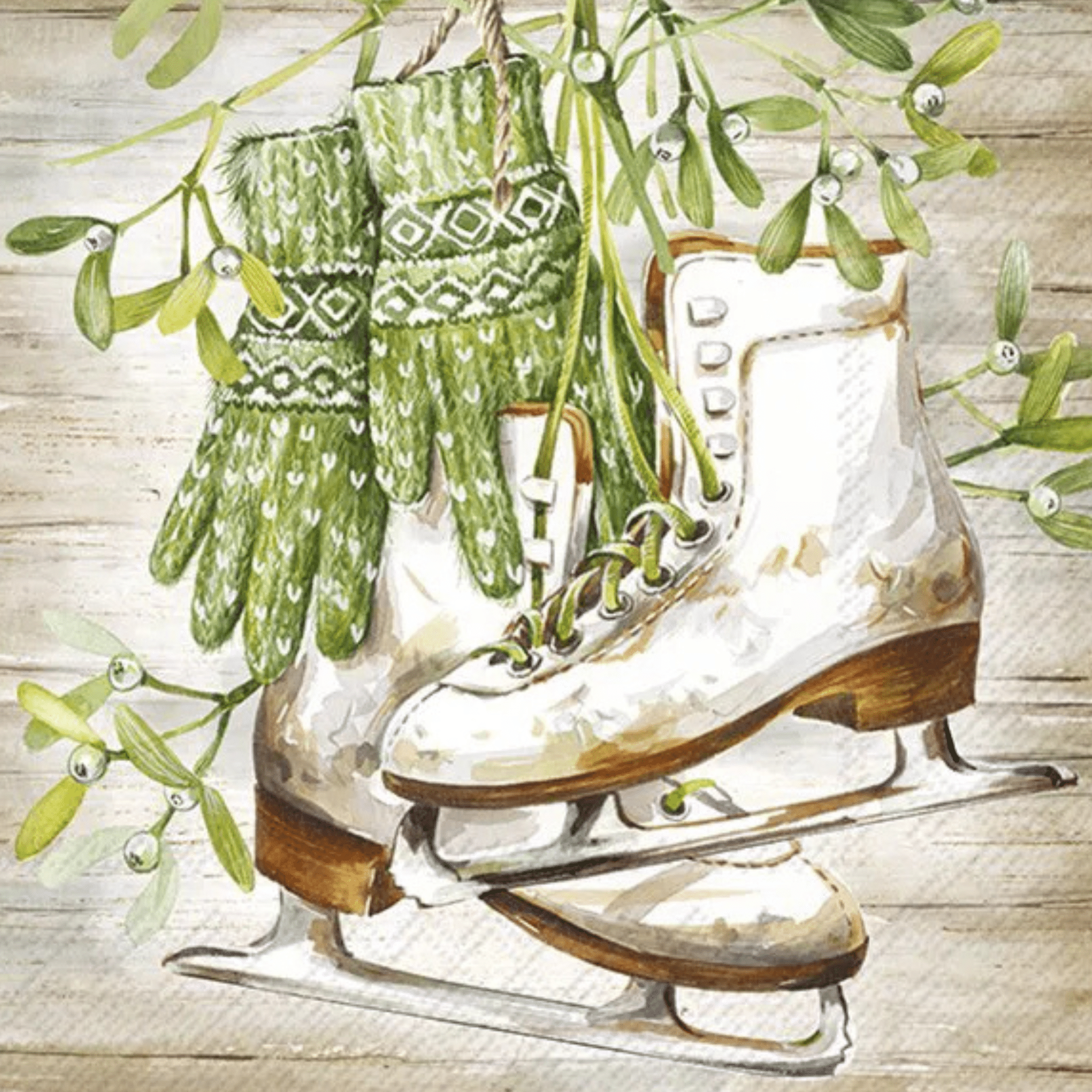 Servett med vintrigt motiv av skridskoåkare, storlek 33x33 cm