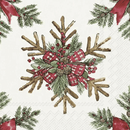 Pappersservett "Stars From Branches Light Grey Lunch" i 33x33 cm med vintermotiv av stjärnor hängande från grenar på ljusgrå bakgrund.