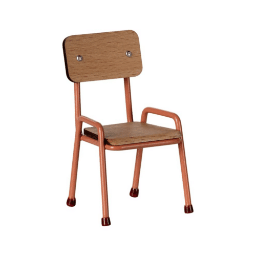 Korallfärgad stol i trä och metall för små Maileg-musfigurer med handmålade detaljer