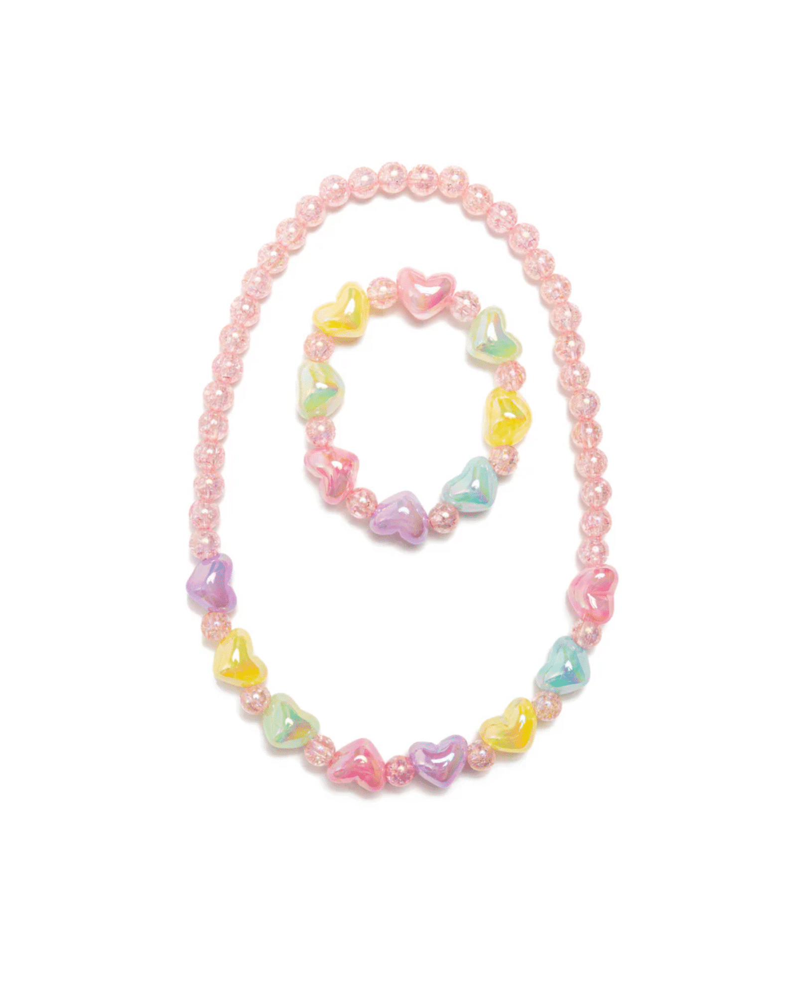 Färgglatt barnhalsband och armband med ljusrosa pärlor och flerfärgade hjärtformade pärlor