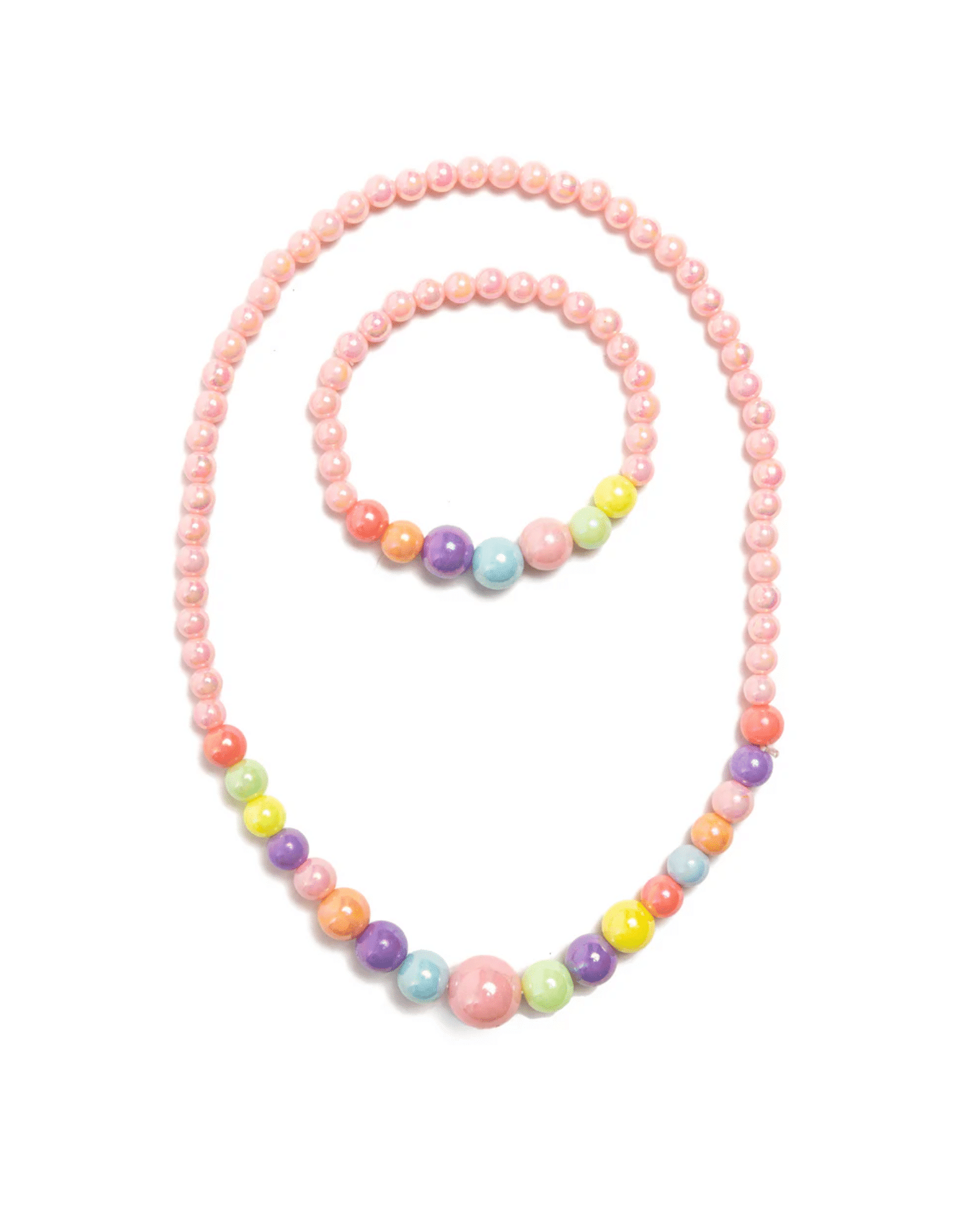 .Pastellpärlsmyckeset med ljusrosa och flerfärgade pärlor. Perfekt för barn 3+ som vill ha lekfulla och färgglada halsband och armband. Barnhalsband och armband med ljusrosa och flerfärgade pärlor i pastellfärger