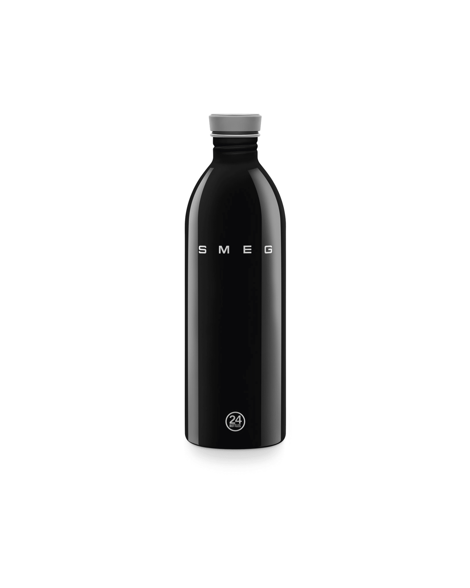Svart Urban Bottle 1 liter i rostfritt stål med högblank finish och läckagesäkert silikonlock från Smeg x 24Bottles