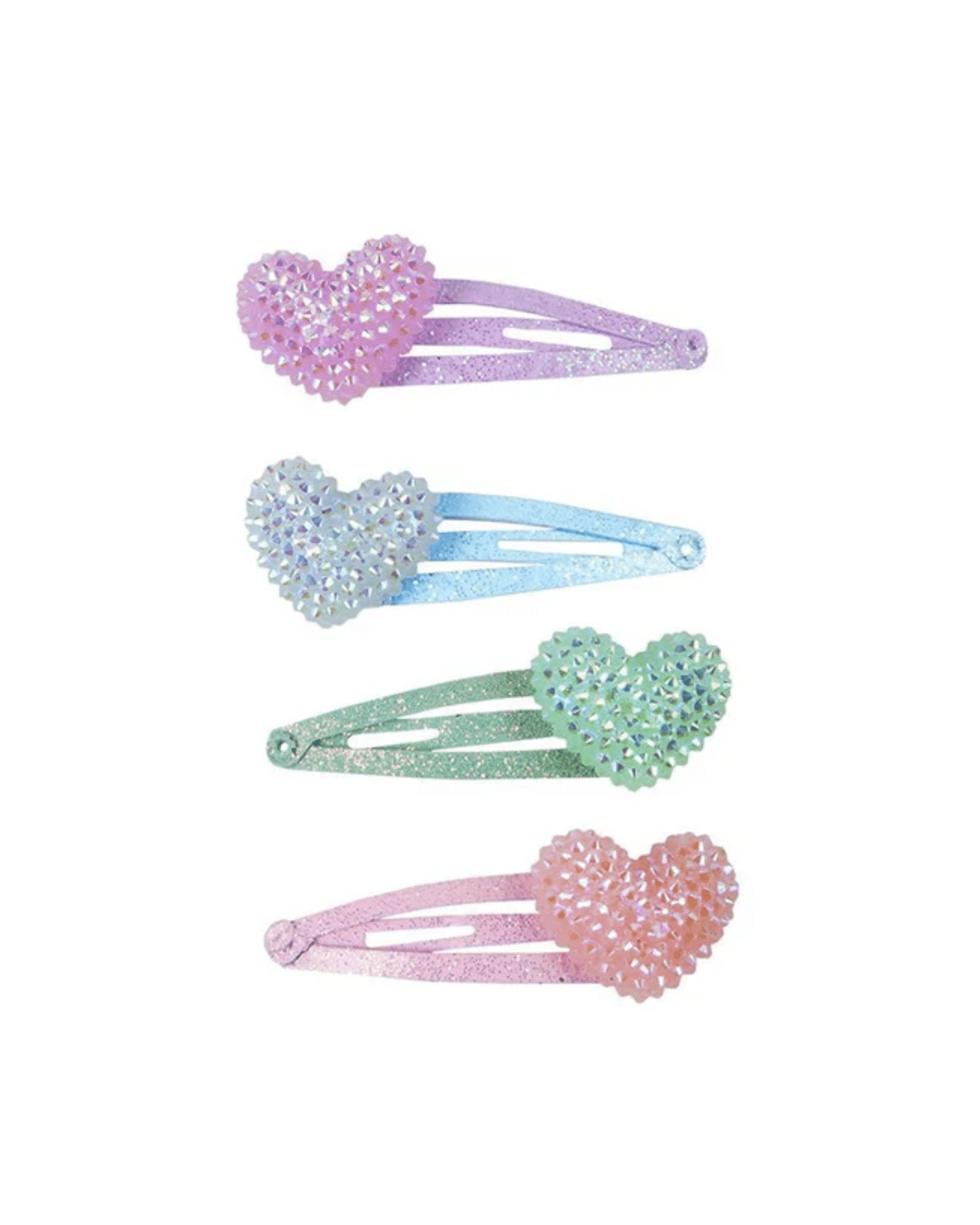 Fyra hjärtformade hårspännen i glittrande rosa, lila, mint och blått, mix & match för barn från 3 år och uppåt.