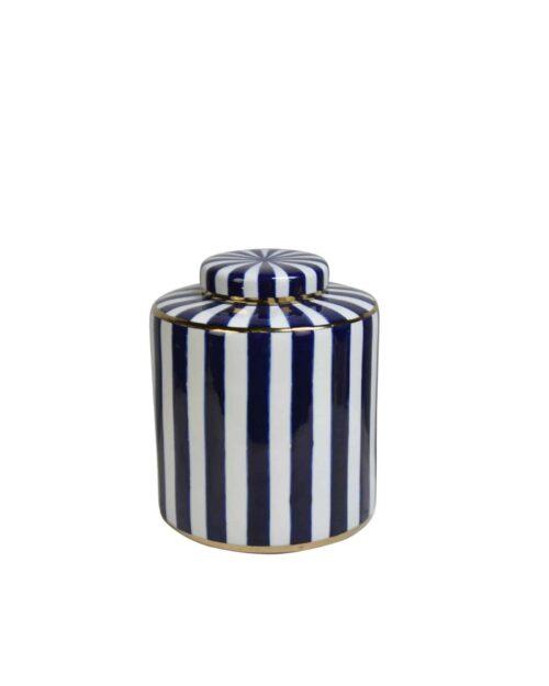Hög keramisk burk Stripe vit/blå D22x25h