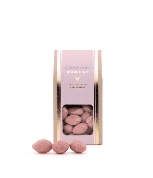 Jordgubbsmandlar 150 g – Mandlar doppade i vit choklad med jordgubbspulver